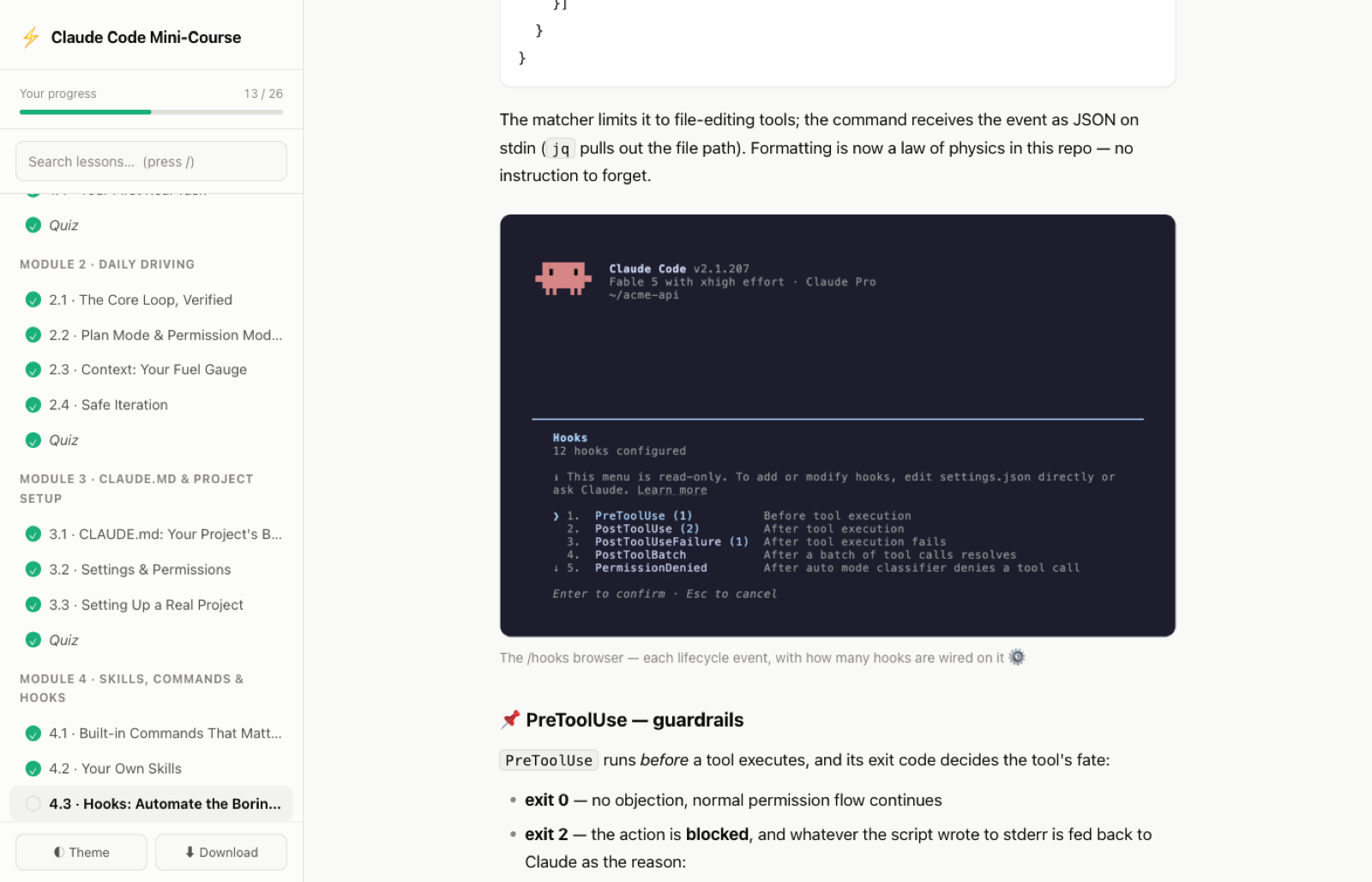 A lesson page from the course, showing a cheat sheet and a terminal capture
